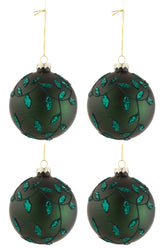 Doos Van 4 Kerstballen Blaadjes Glitter Glas Mat Groen Medium