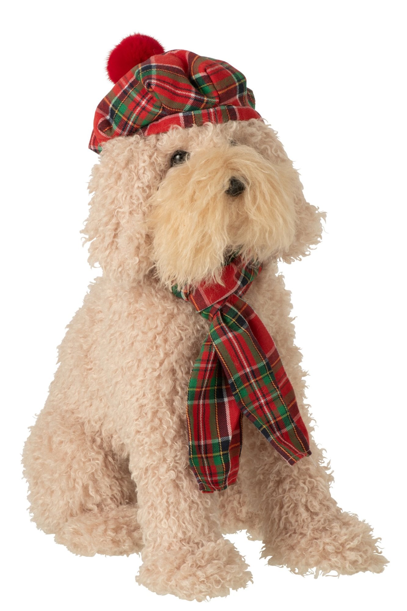 Hond + Baret + Sjaal Stof Beige/Kerstrood - (266767)