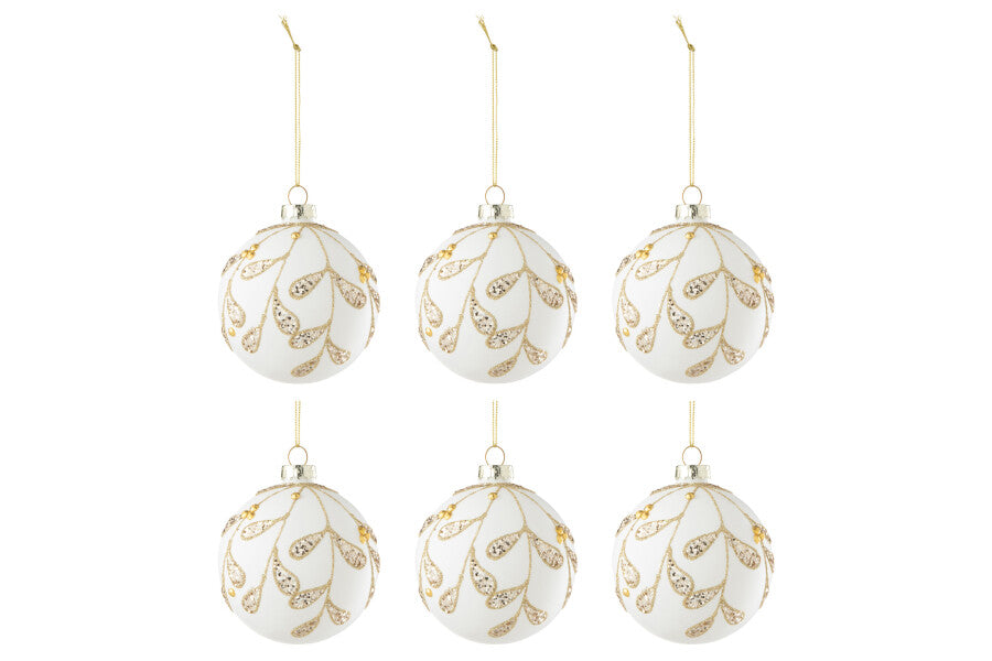 Box Of 6 Christmas Ball Drops Sequins Glass White/Gold - (37316)