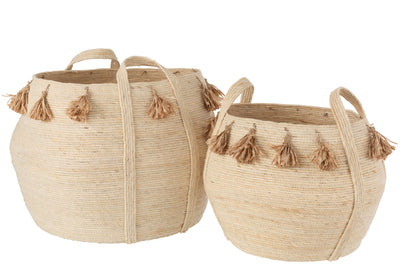 Set Of 2 Baskets Sphere Tassels Corn Light Brown/Natural 