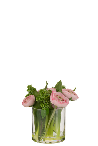 Renoncule dans un vase en verre plastique rose/vert petit