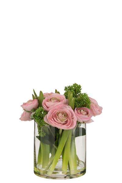 Renoncules dans un vase en verre plastique rose/vert grand modèle
