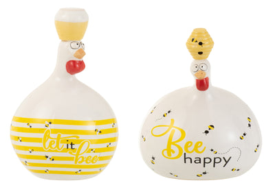 Chicken Bee Happy/Honey Ceramic White/Yellow Large Assortment Of 2