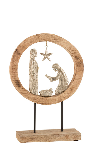 Weihnachtskugel in Ring auf Fuß Aluminium/Mango Holz Natur/Silber