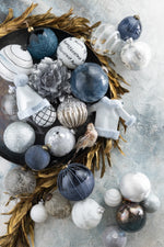 Box Of 6 Christmas Baubles Marble Glass White/Silver Small - (17392)