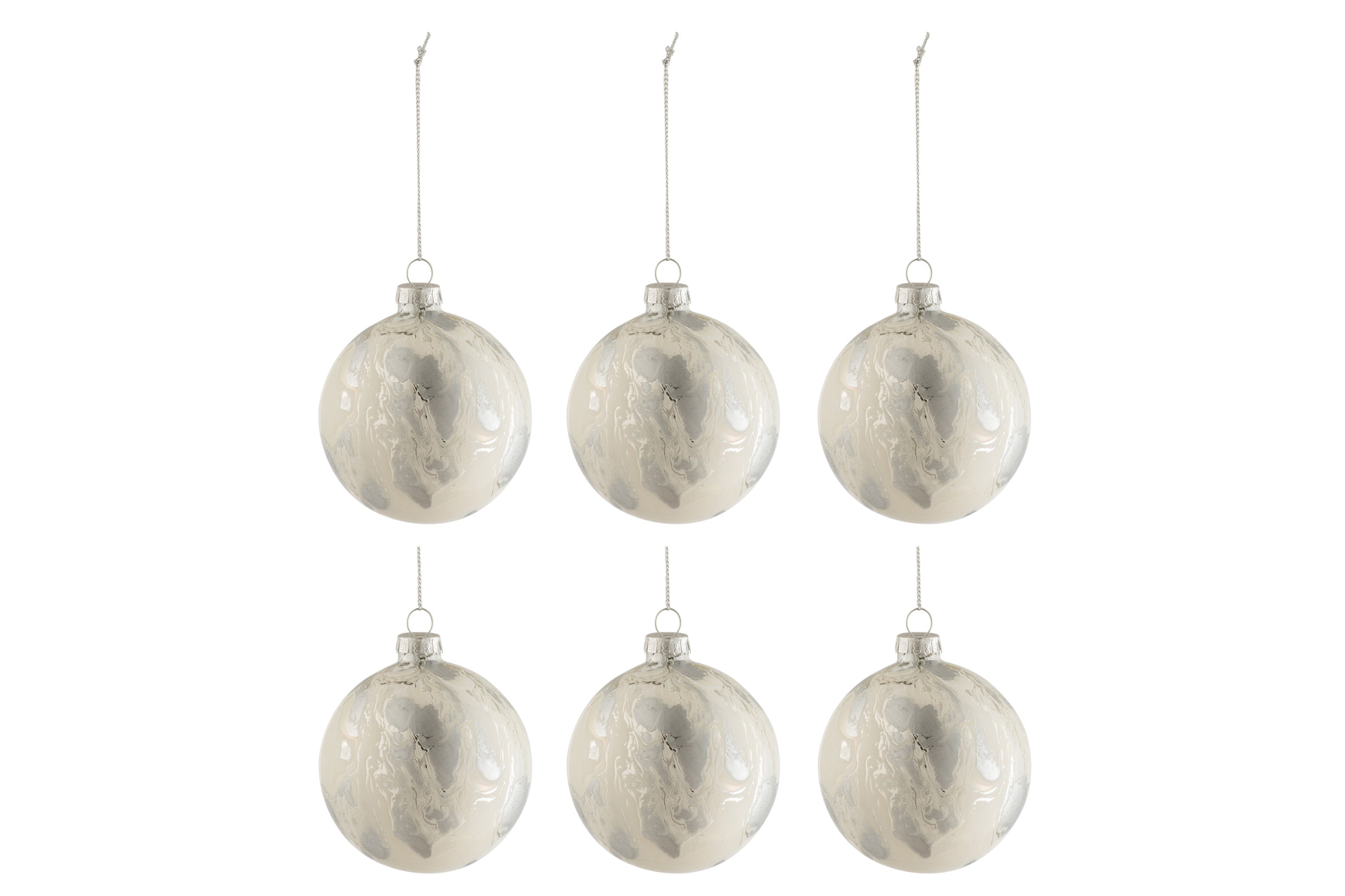 Doos Van 6 Kerstballen Marmerlook Glas Wit/Zilver Small