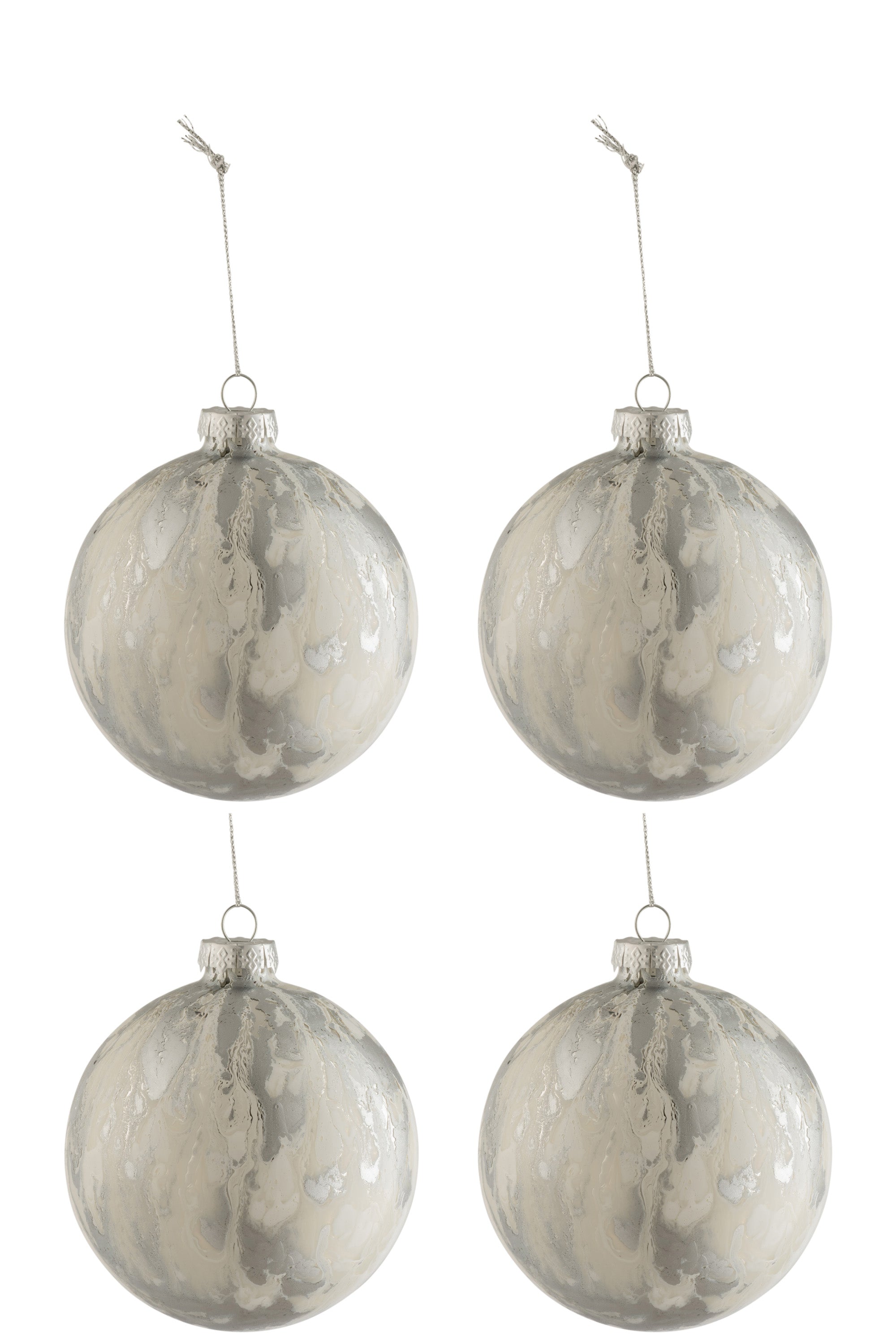 Boîte de 4 boules de Noël en verre marbré blanc/argenté moyen