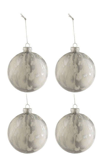 Box Of 4 Christmas Baubles Marble Glass White/Silver Medium