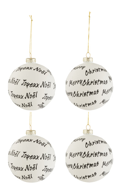 Boîte de 4 boules de Noël Xmas/Noel en verre blanc/noir Moyen 