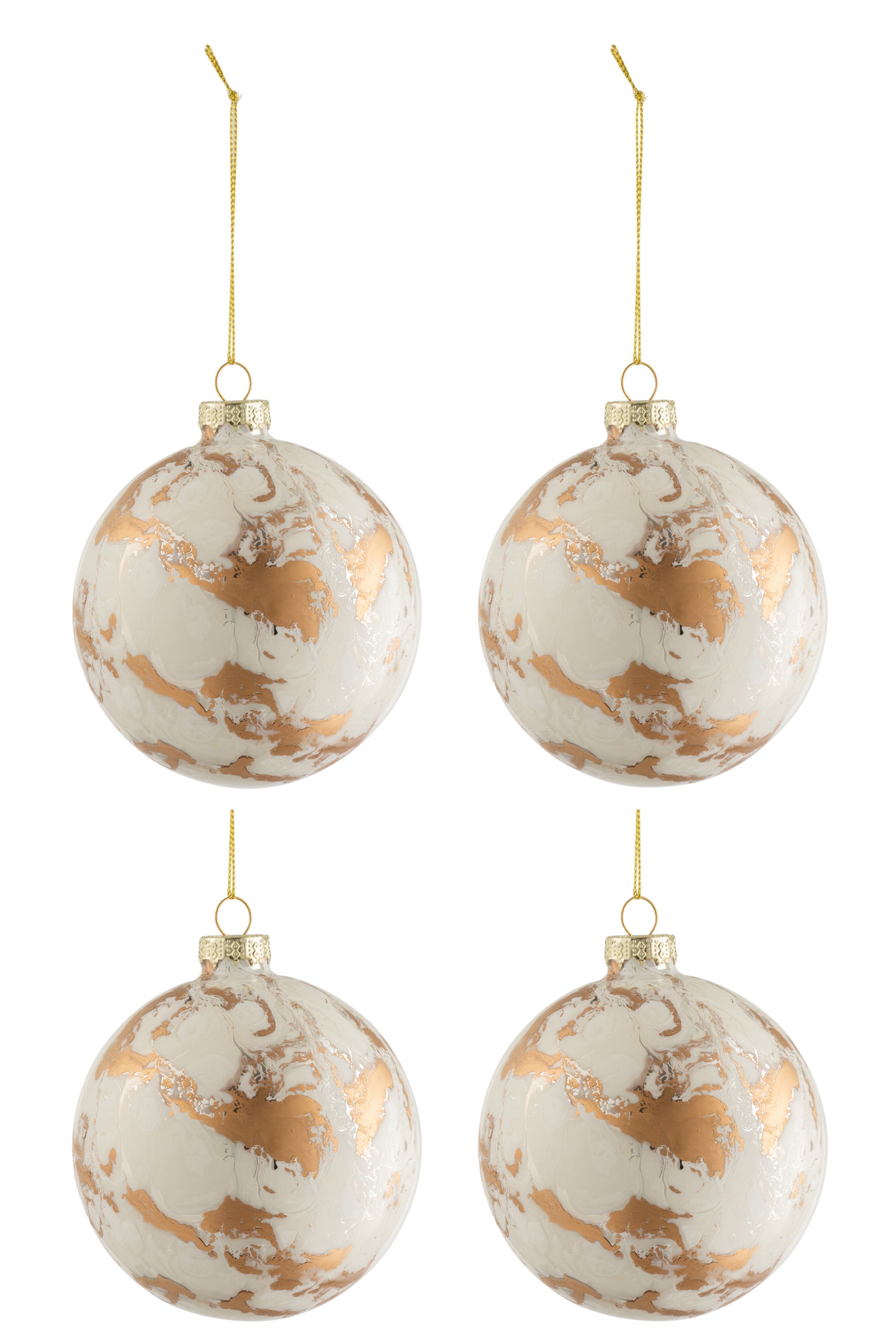 Doos Van 4 Kerstballen Marmerlook Glas Wit/Goud Medium