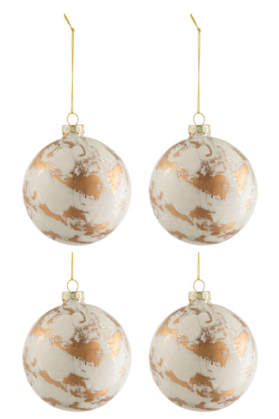 Box Of 4 Christmas Baubles Marble Glass White/Gold Medium