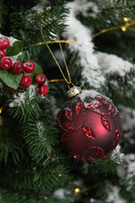 Doos Van 4 Kerstballen Blaadjes Glitter Glas Mat Kerstrood Medium - (17422)