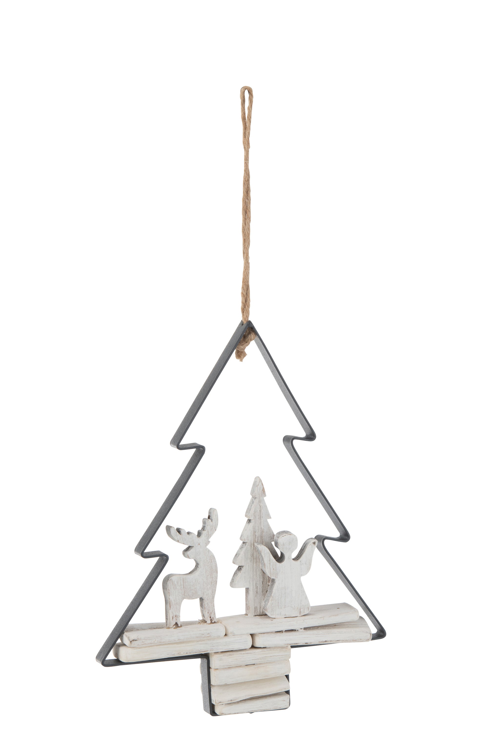 Pendentif Arbre de Noël+Figures Bois/Métal Blanc