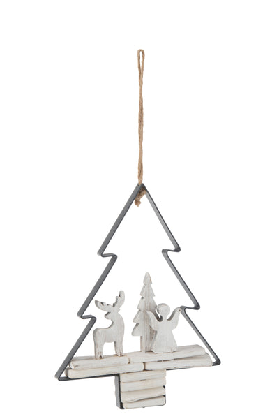 Hanger Kerstboom+Figuren Hout/Metaal Wit