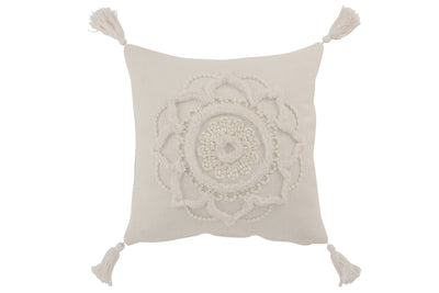 Cushion Flower And Tassels Cotton White