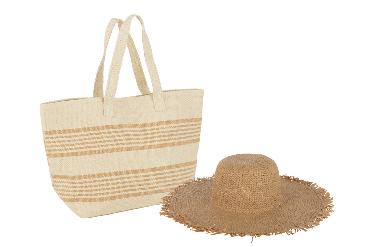 Lot de 2 sacs de plage à rayures + chapeau en papier beige/marron clair 