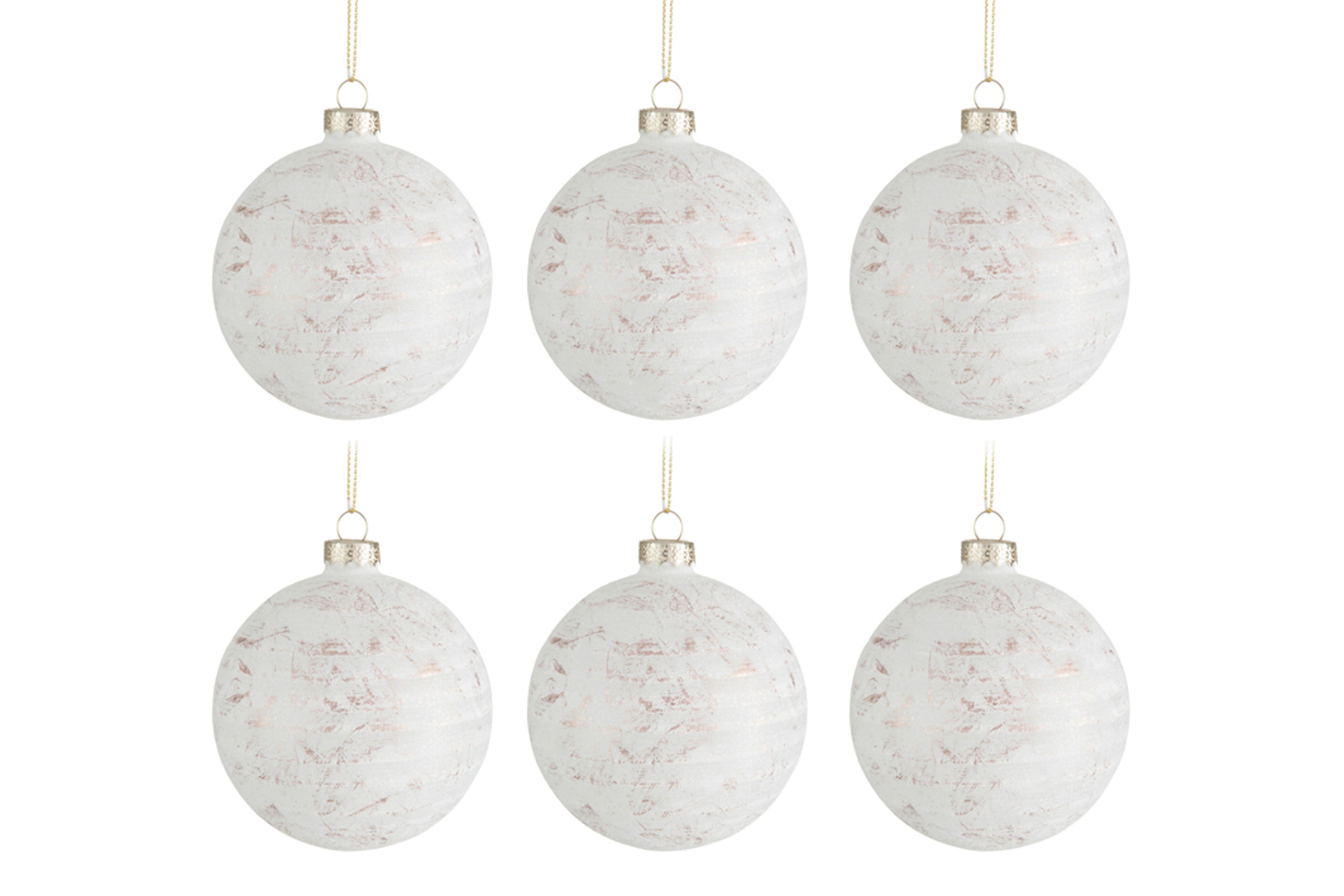 Box Of 6 Christmas Ball Glass White Glitter Rose Gold Small 8Cm