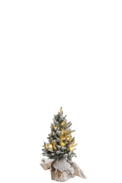 Weihnachtsbaum+Beleuchtung+Topf Jute Plastik Schnee Grün Extra Klein